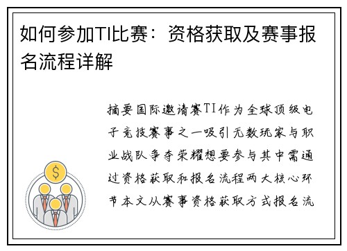 如何参加TI比赛：资格获取及赛事报名流程详解